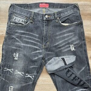 Selvedge Jeans Men 33x29 Gray Loose Fit Baggy Japanese Redline Thrashed Whiskers